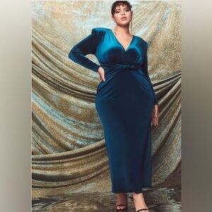 Eloquii Velvet Tie Waist Gown - Blue Lagoon - Size 24